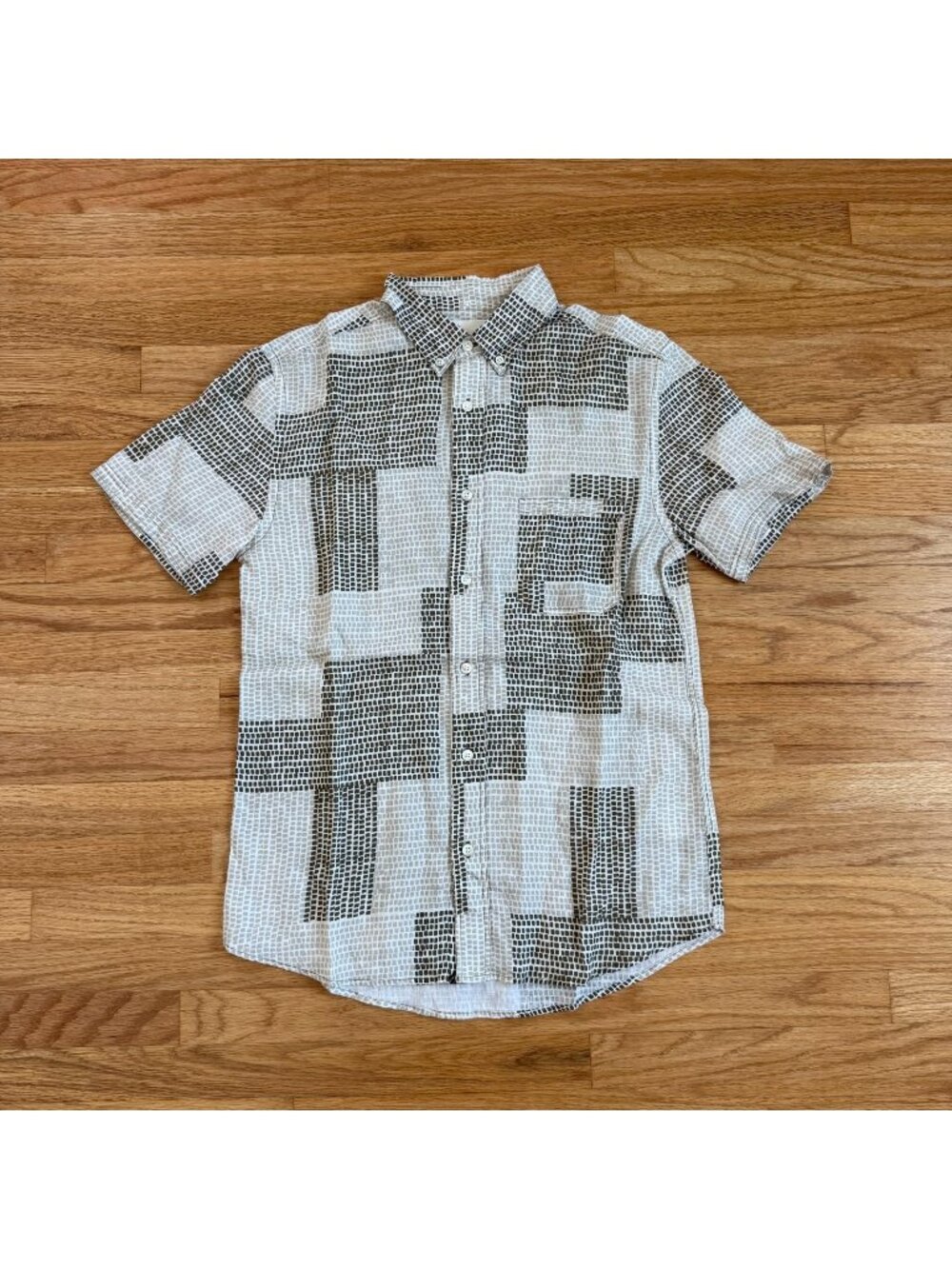 Billy Reid Short Sleeve Linen Patchwork Tuscumbia Shirt Small